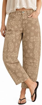 Bandana Print Barrel Jeans - Tan