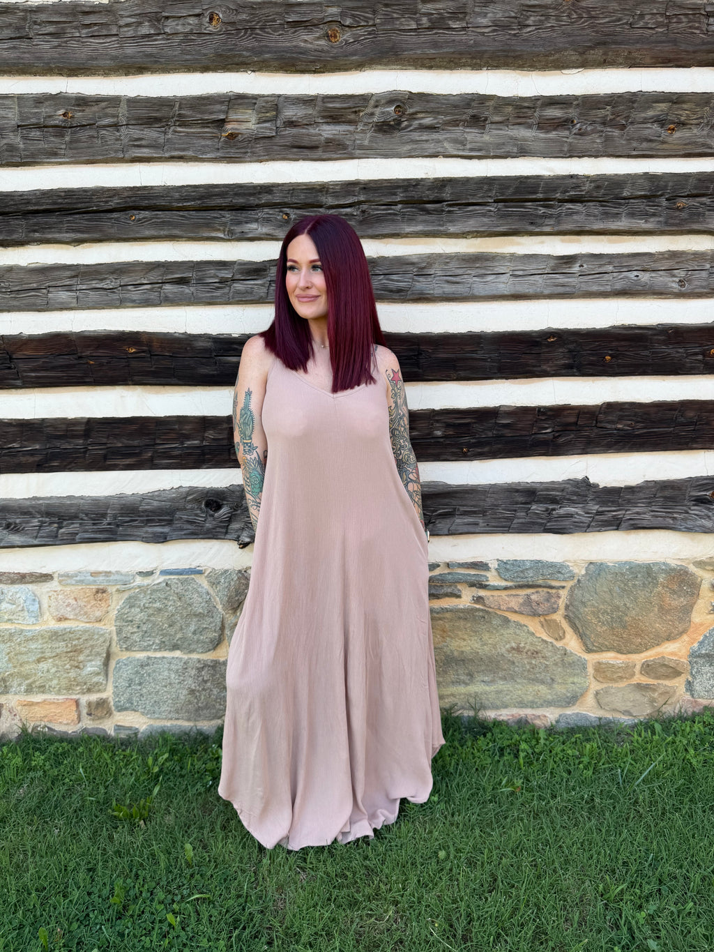 Woven Crinkle Cami Maxi Dress W Side Pockets - Brush