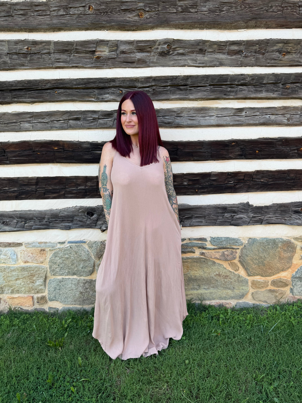 Woven Crinkle Cami Maxi Dress W Side Pockets - Brush