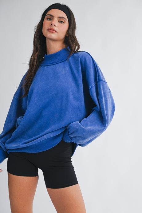Oversized Mock Neck Washed Sweatshirt - Cobalt ETA 8/1