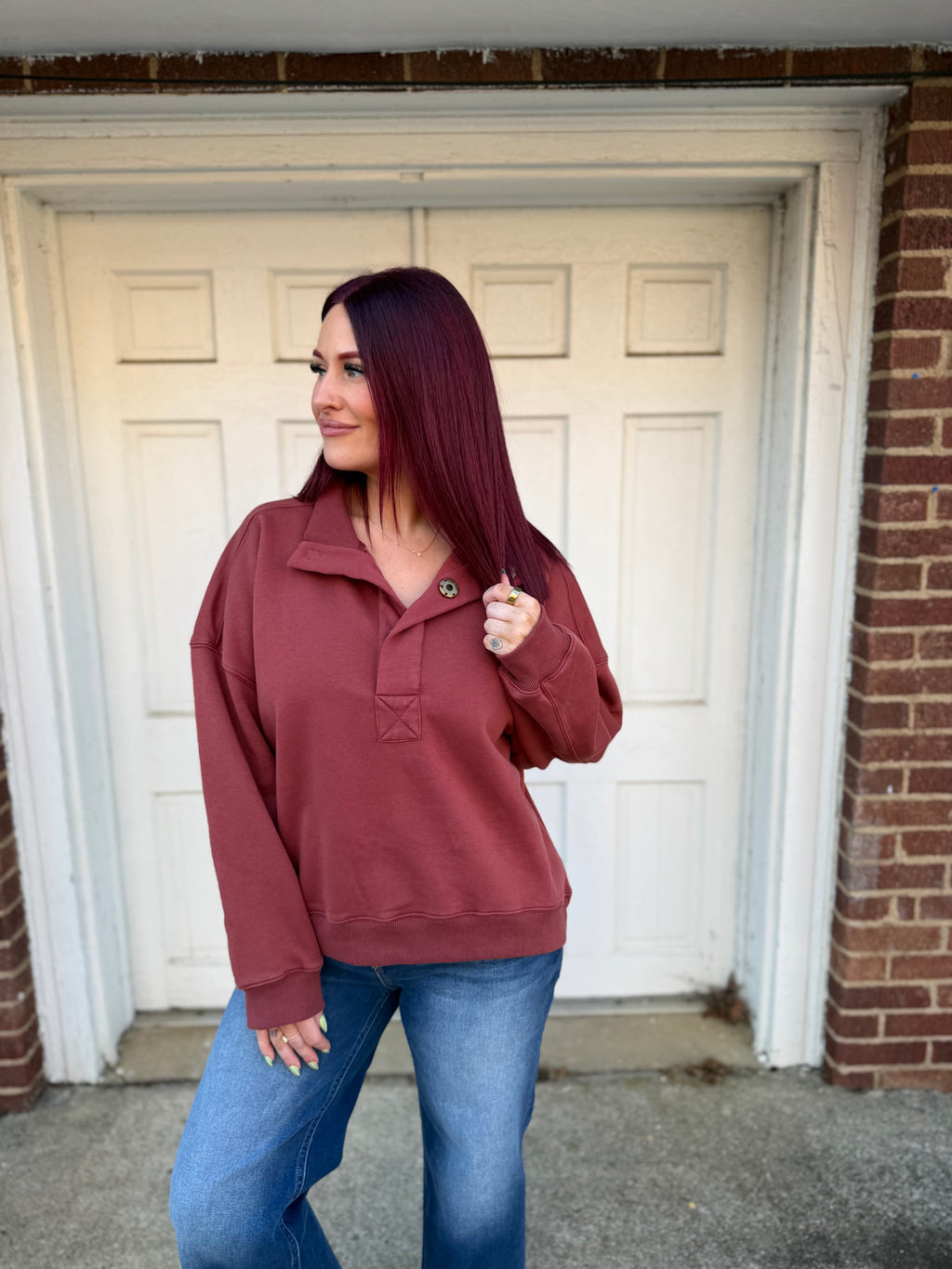 Oversized Snap Neck Pullover Sweatshirt - Mulberry