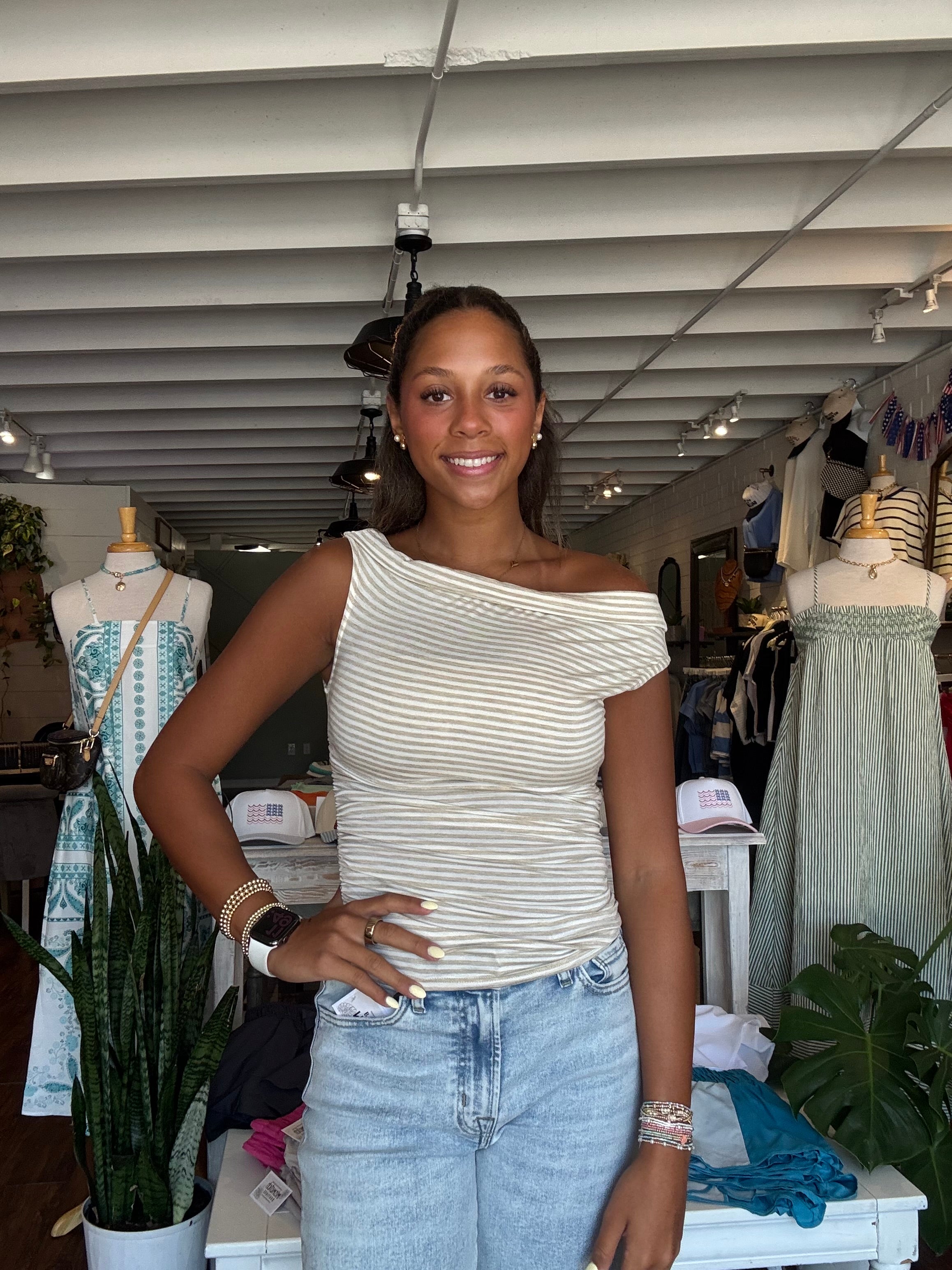 Striped One Shoulder Top
