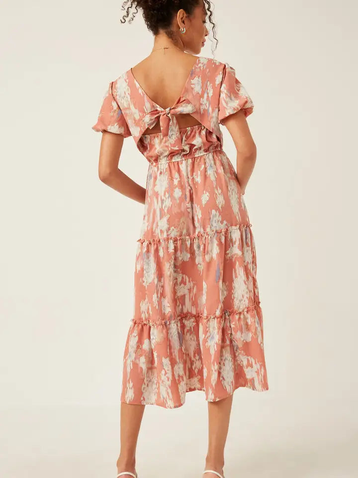 Abstract Print Cutout Back Puff Sleeve Dress