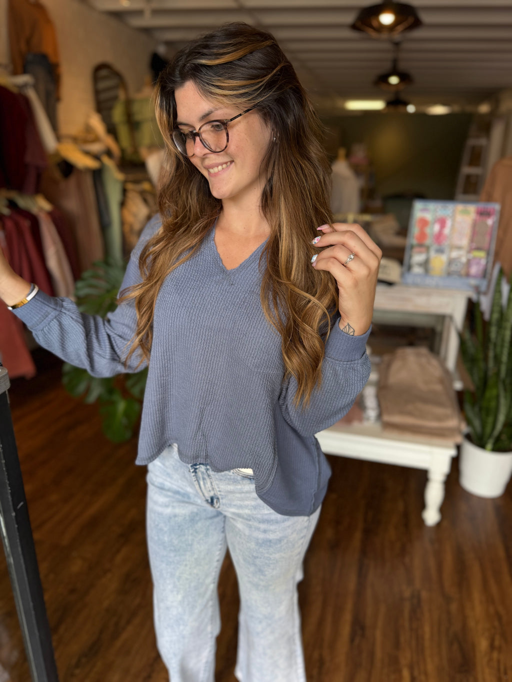 Split Neck Raw Edge Long Sleeve Ribbed Knit Top