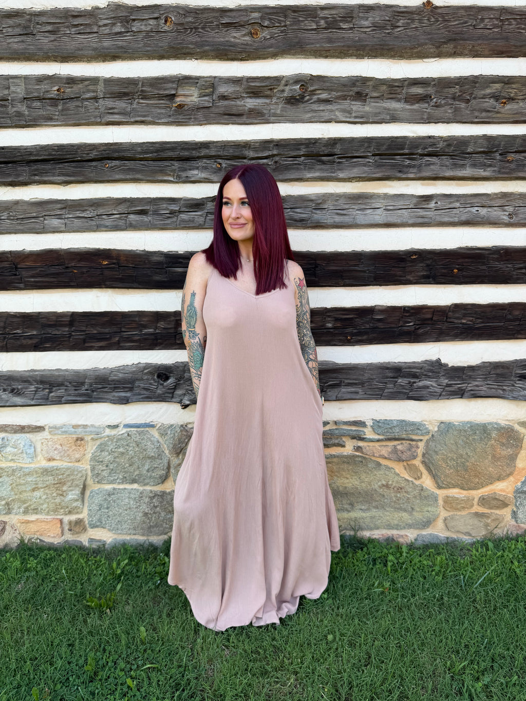 Woven Crinkle Cami Maxi Dress W Side Pockets - Brush