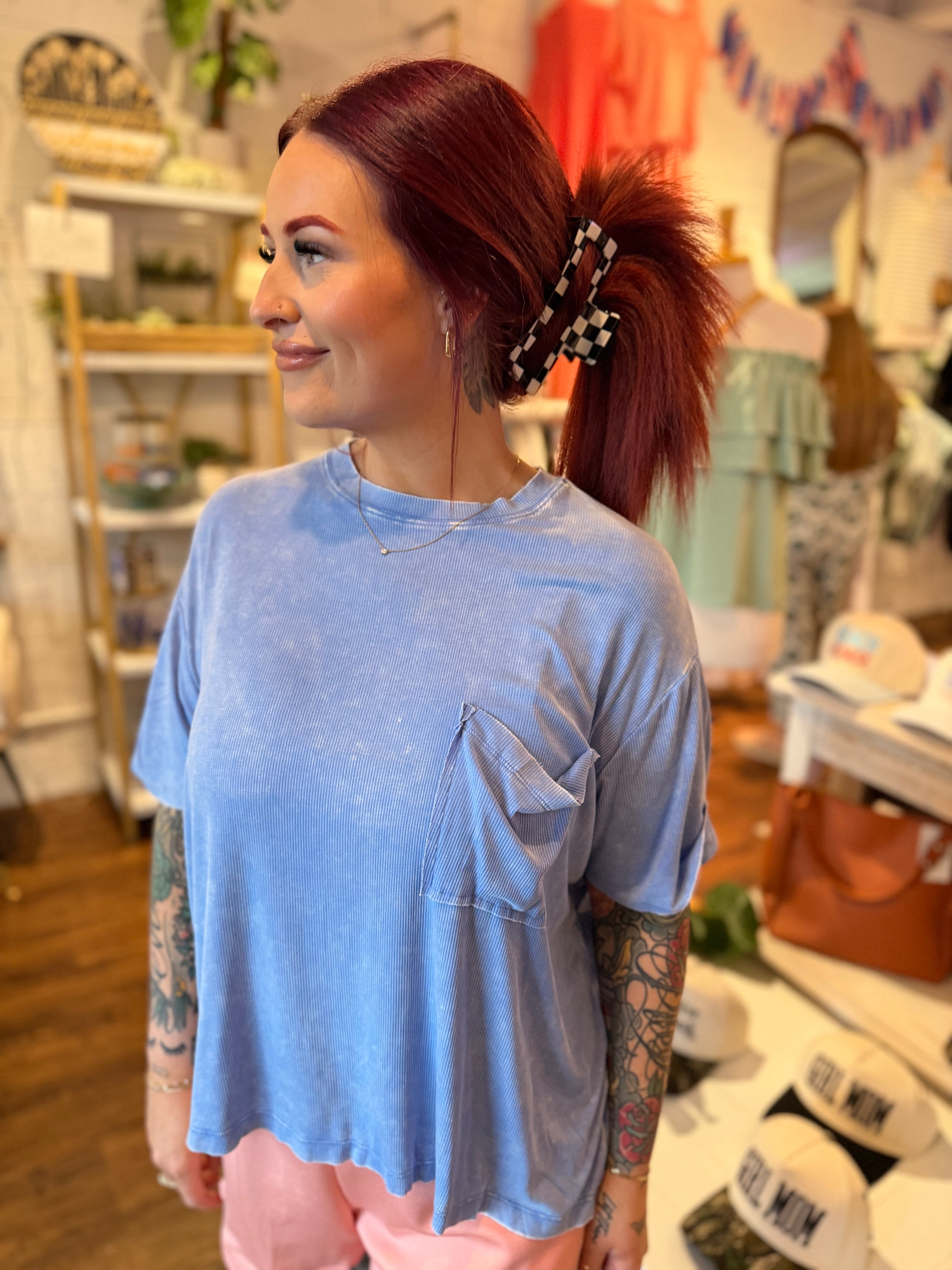 Washed Ribbed Cuffed Sleeve Top Blue