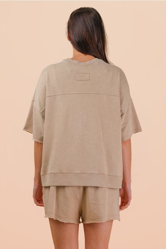 Mineral Washed Knit Casual Set - Beige