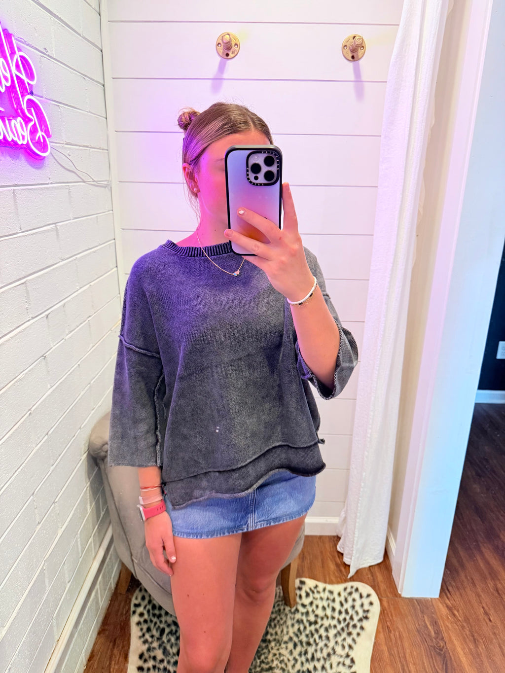 Black Washed 3/4 Sleeve Boxy Sweater
