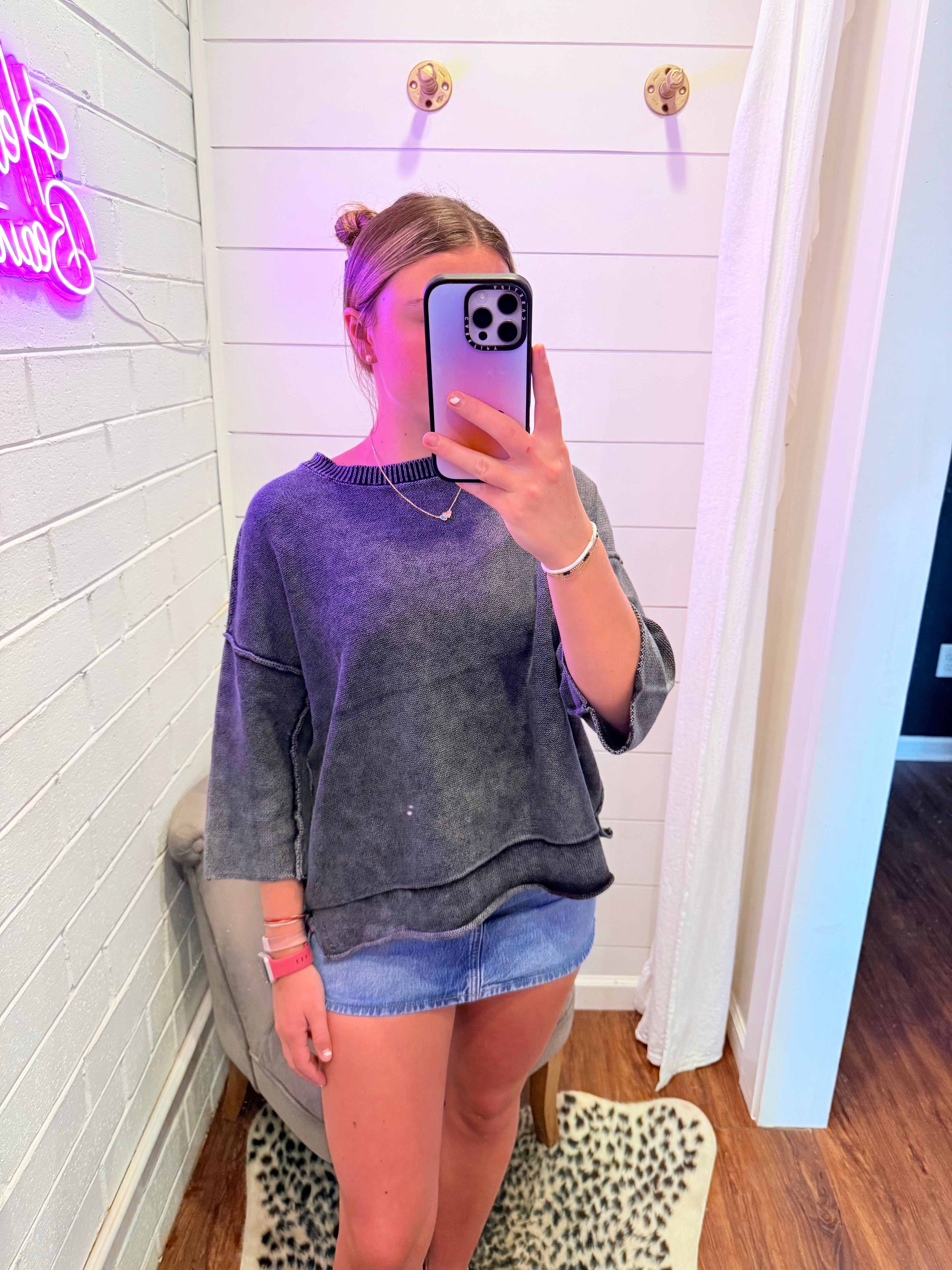 Black Washed 3/4 Sleeve Boxy Sweater