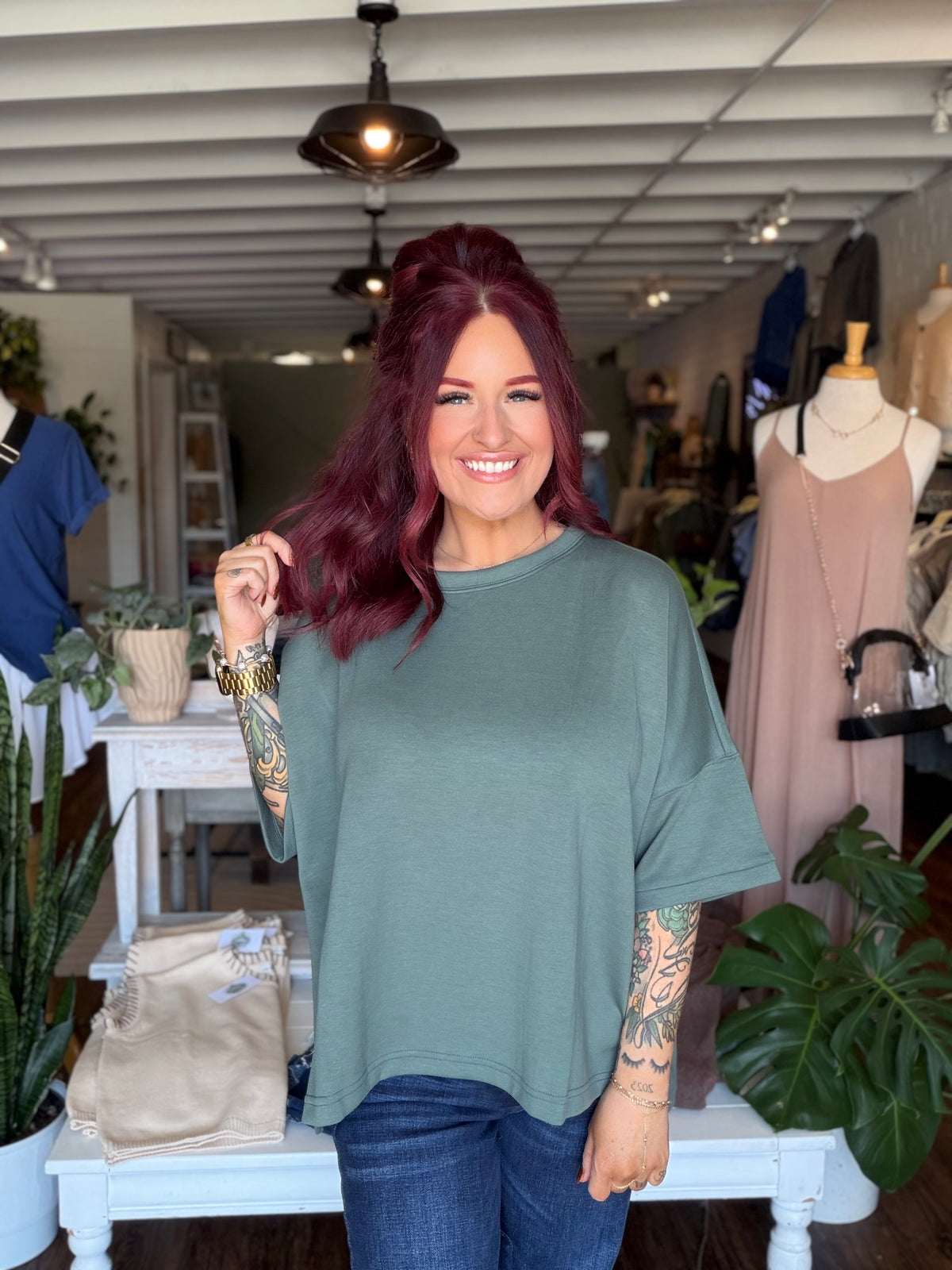 Scuba Round Neck Top - Dk Forest