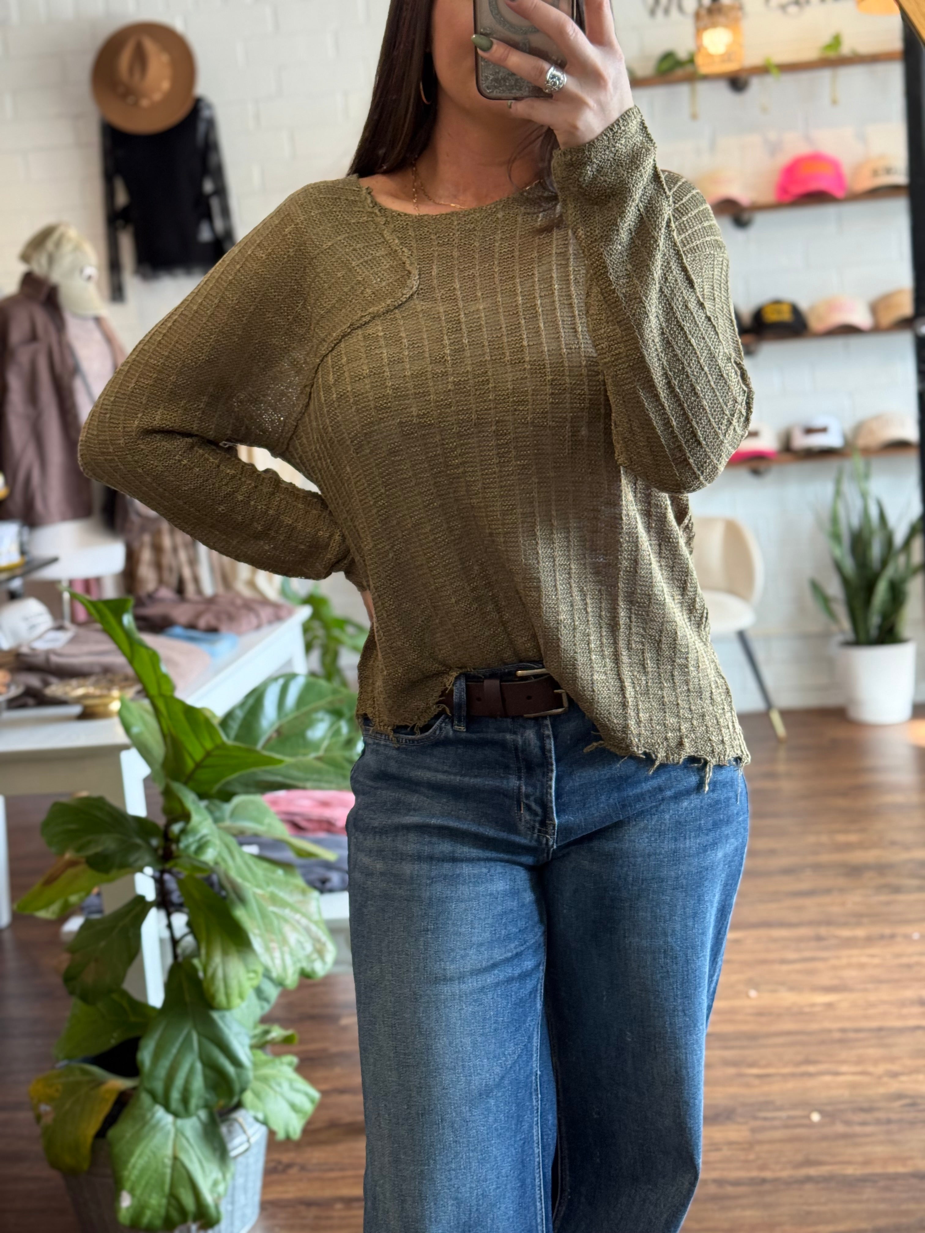 Distressed Patchwork Pullover Knit Sweater - Olive