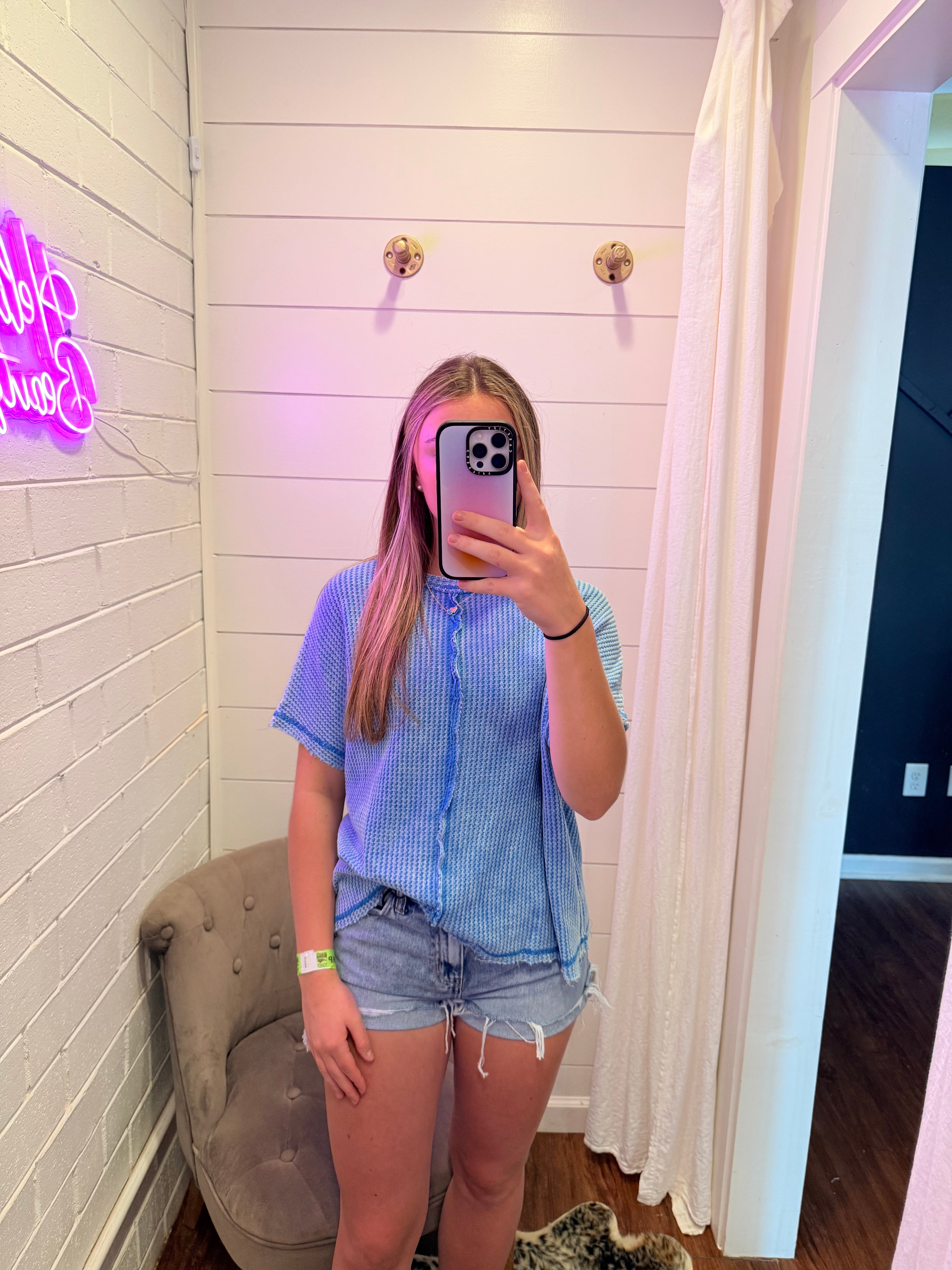 Deep Sky Washed Baby Waffle Short Sleeve Top