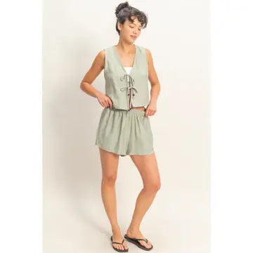 Sleeveless Tie-Front Vest and Elastic Waist Shorts Set