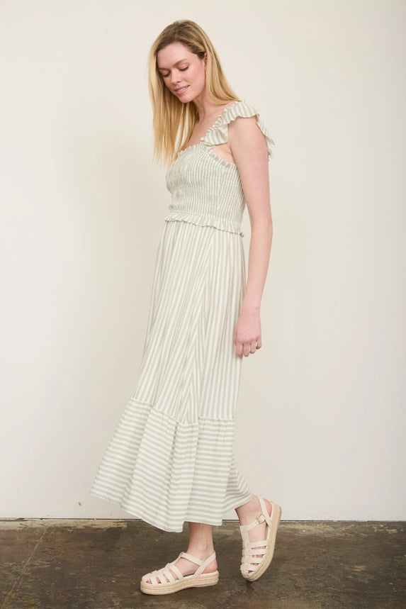 Stripe Smocked Ruffle Trim Midi Dress