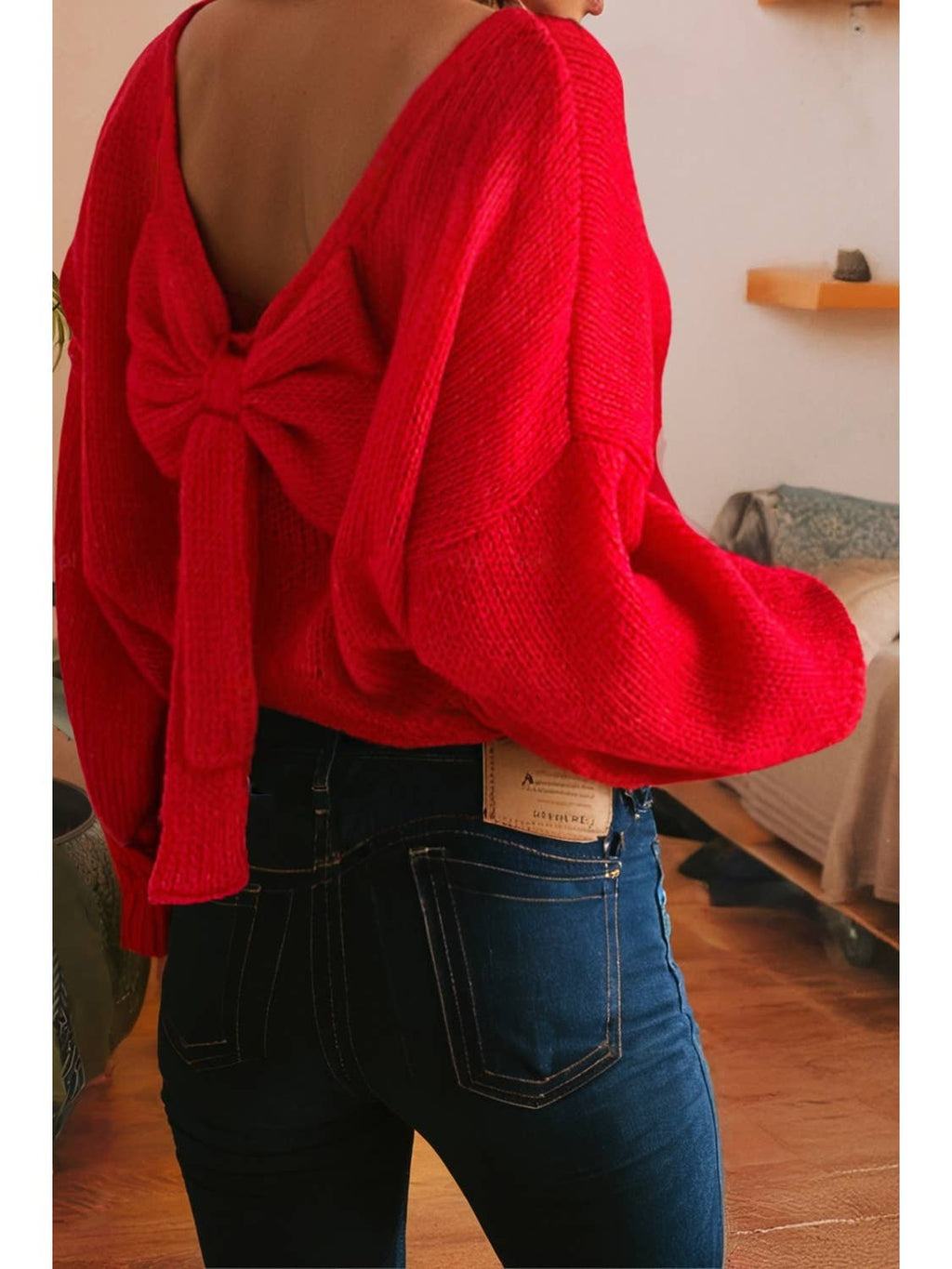 Red Bow Backless Bubble Sleeve Sweater