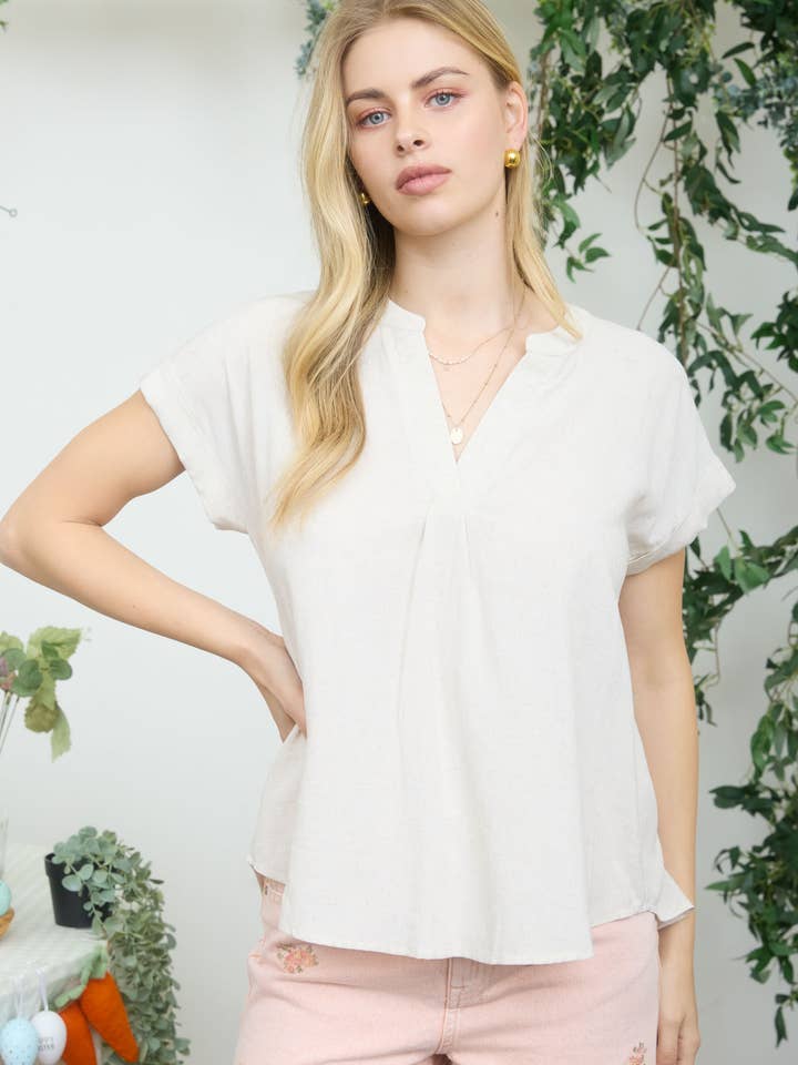 Split Neck Back Button Detail Short Sleeve Top