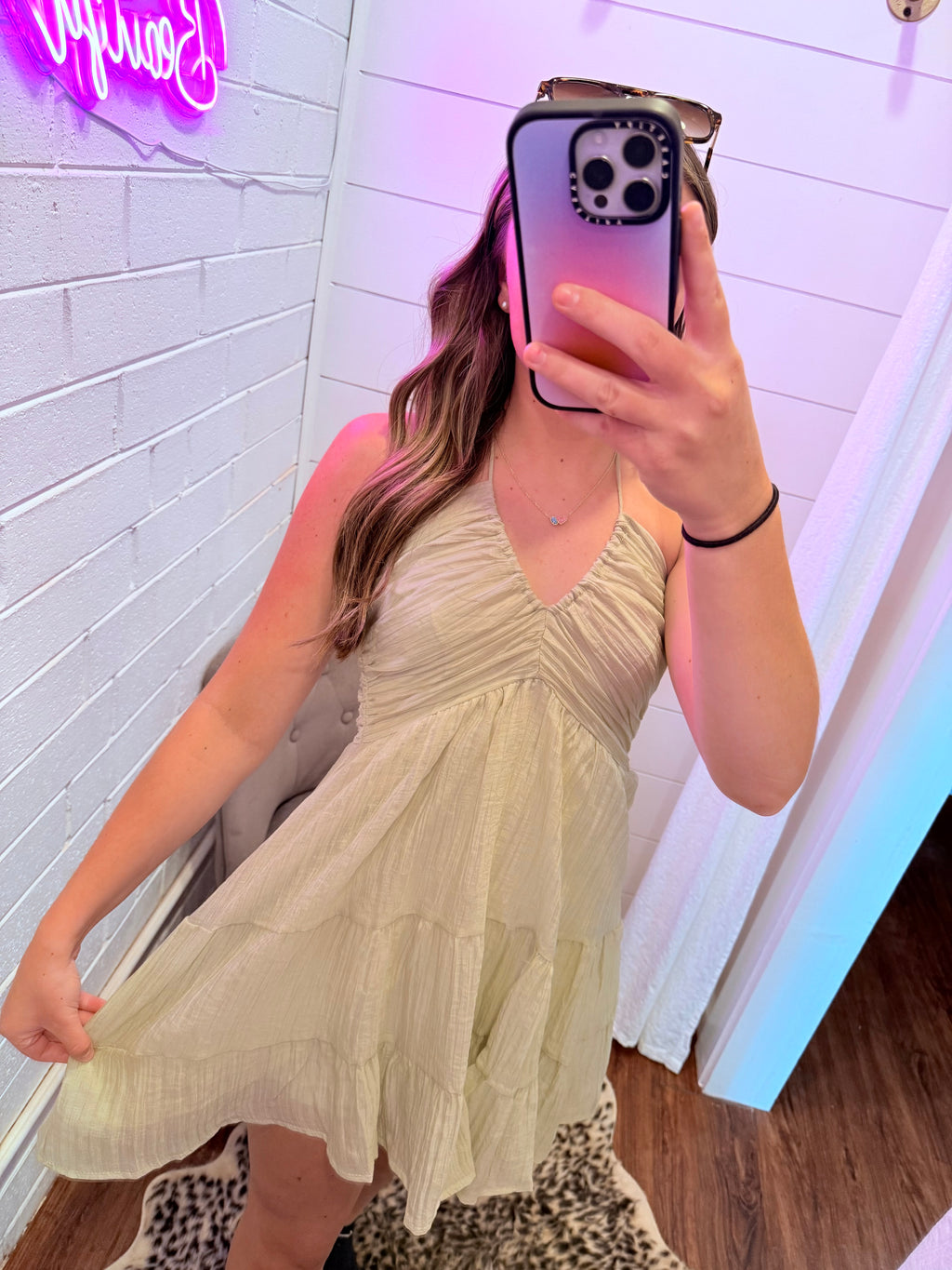 Solid Halter Plunge Ruched Swing Mini Shirred Dress