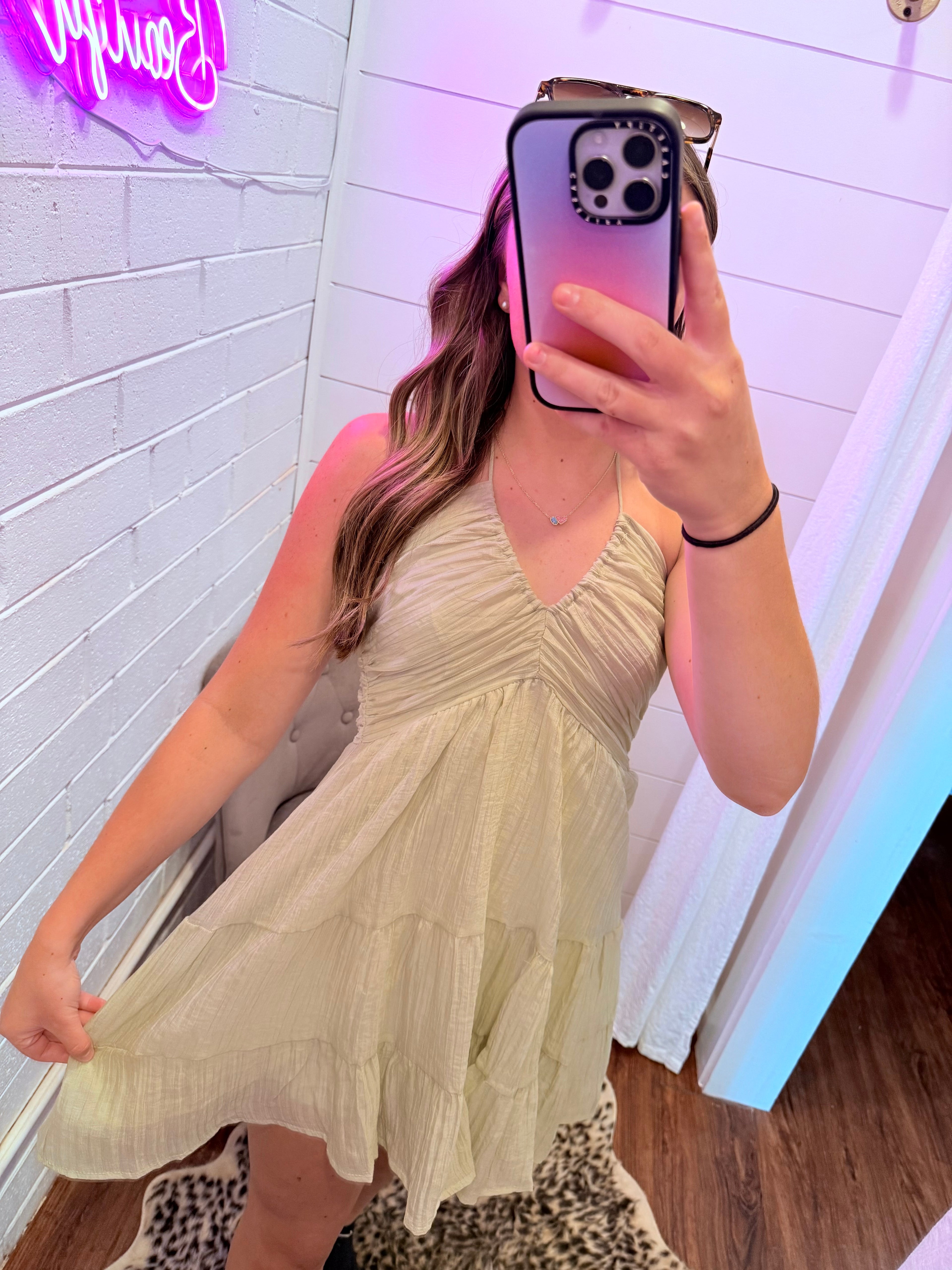 Solid Halter Plunge Ruched Swing Mini Shirred Dress