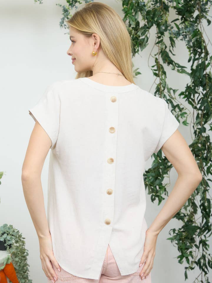 Split Neck Back Button Detail Short Sleeve Top