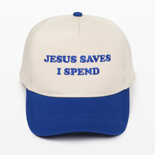 Blue Jesus Saves I Spend Embroidered Baseball Cap