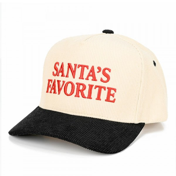 Two Tone Corduroy Embroidered "SANTA'S FAVORITE" Baseball Cap
