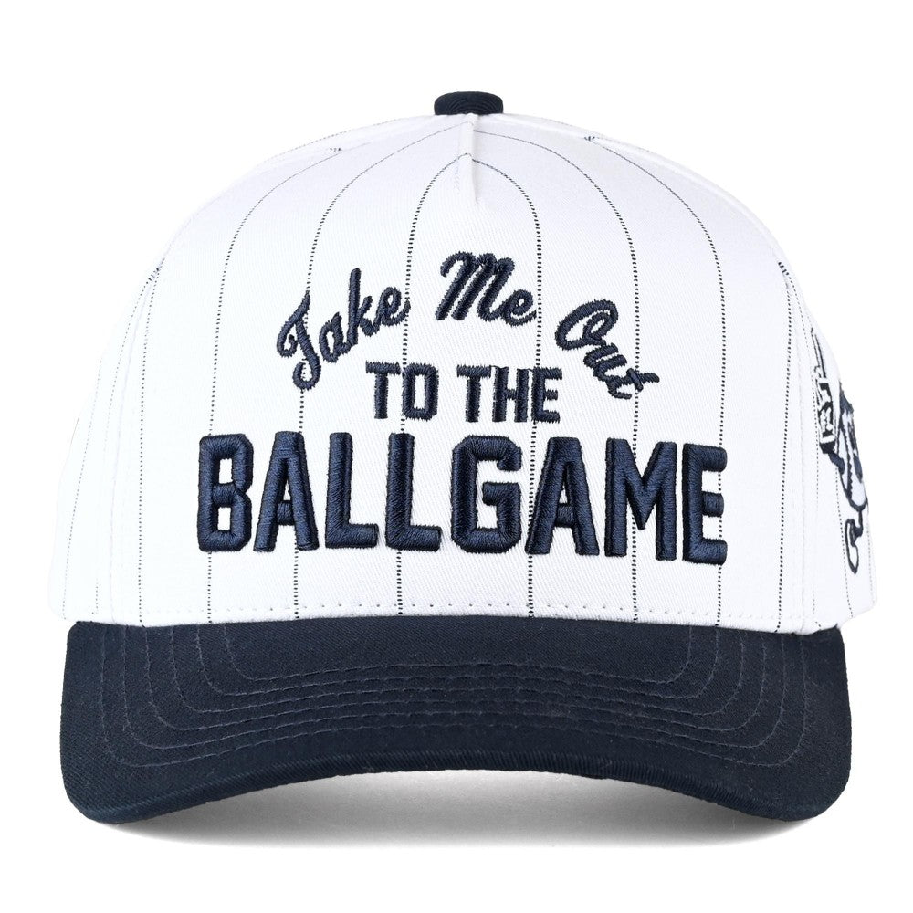 Two Tone & Pin Stripe Embroidered "Take Me Out To The Ball Game" Baseball Cap