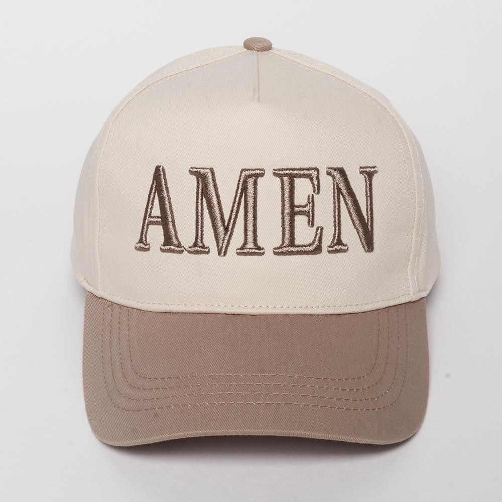 "AMEN" Embroidered Two Tone Baseball Cap Beige