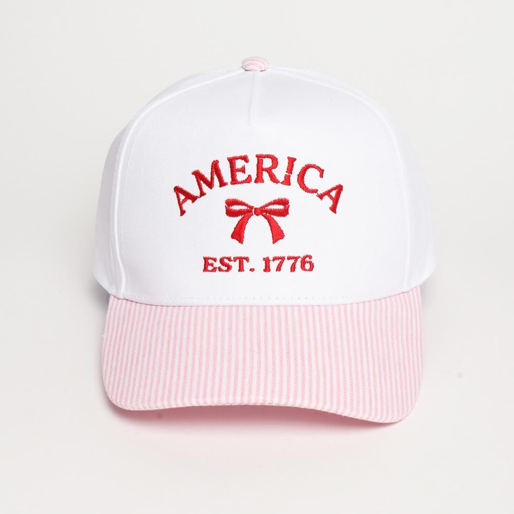 "AMERICA" & Bow Embroidered Two Tone Stripe Baseball Hat