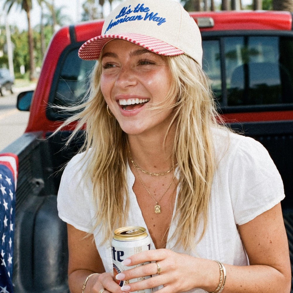 "Its The American Way" Embroidered Baseball Cap With Plaid Detail