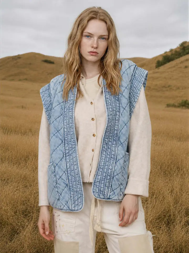 Washed Denim Quilted Shawl Vest