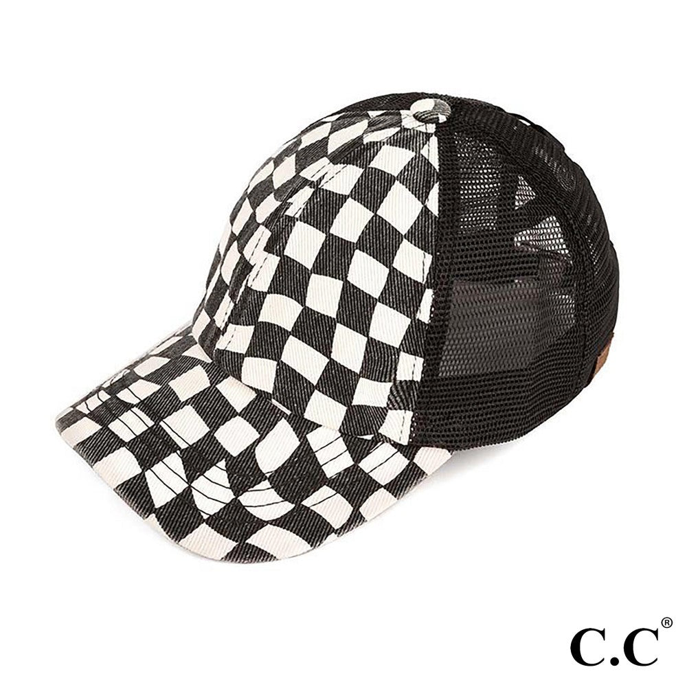 Checkered Criss Cross Pony Cap w/Mesh Back