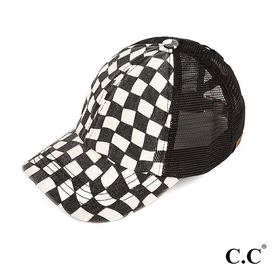 Checkered Criss Cross Pony Cap w/Mesh Back