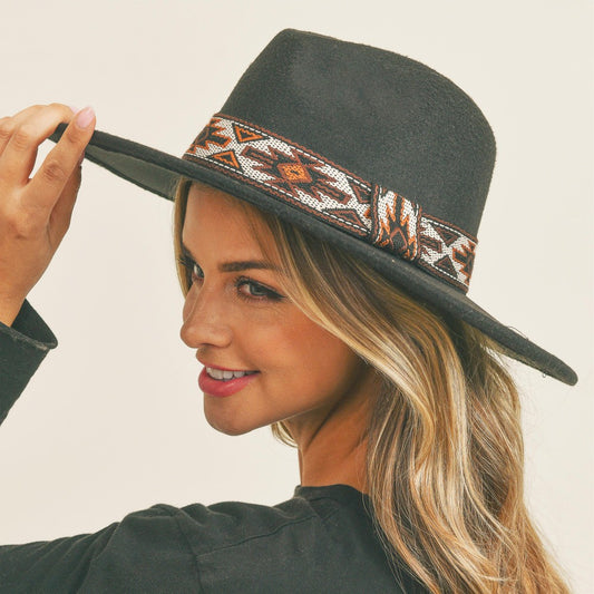 Felt Wide Brim hat w/ Aztec Band- Black