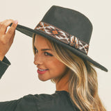 Felt Wide Brim Hat w/ Aztec Band, Black