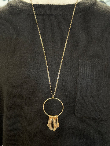 Gold Hammered Circle Pendant Long Necklace