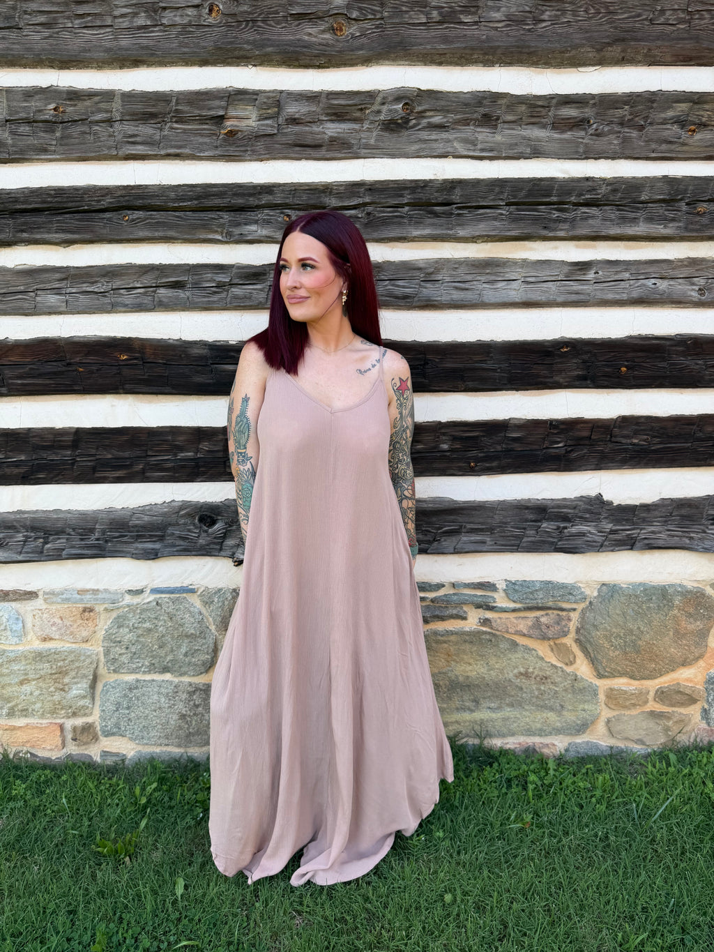 Woven Crinkle Cami Maxi Dress W Side Pockets - Brush