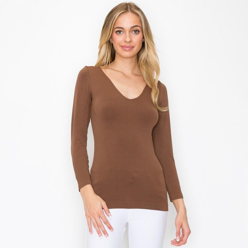 Women’s Seamless Reversible V-Neck Long Sleeve Top - Brown