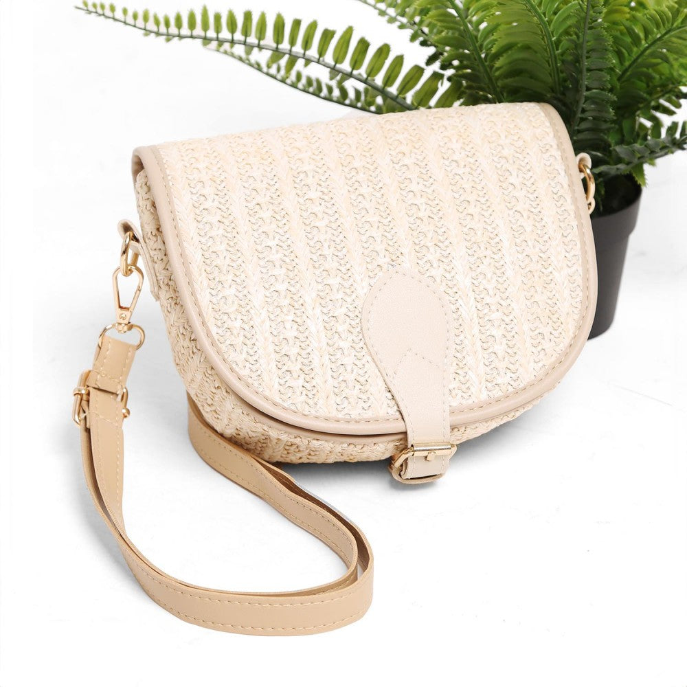 Beige Woven Straw Clutch Crossbody Bag
