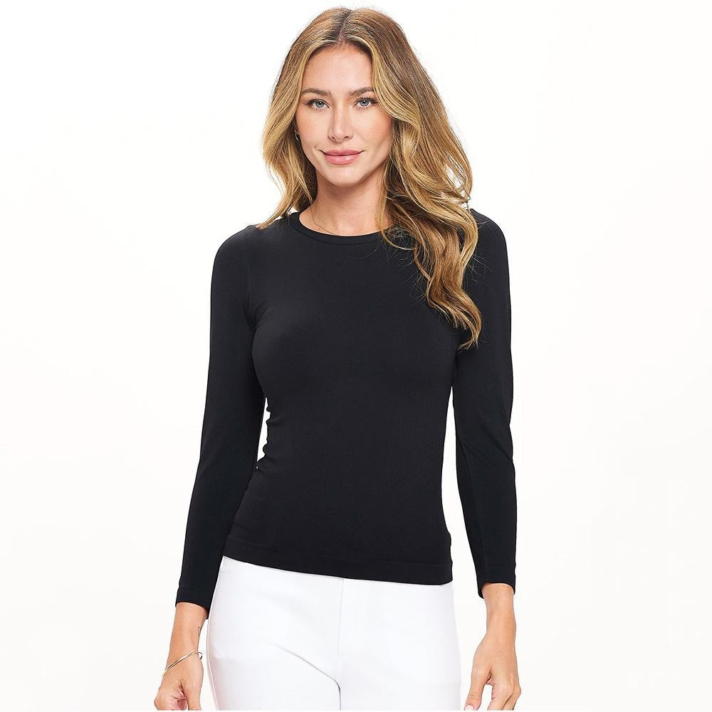 Seamless Round Neck Long Sleeve Top - Black