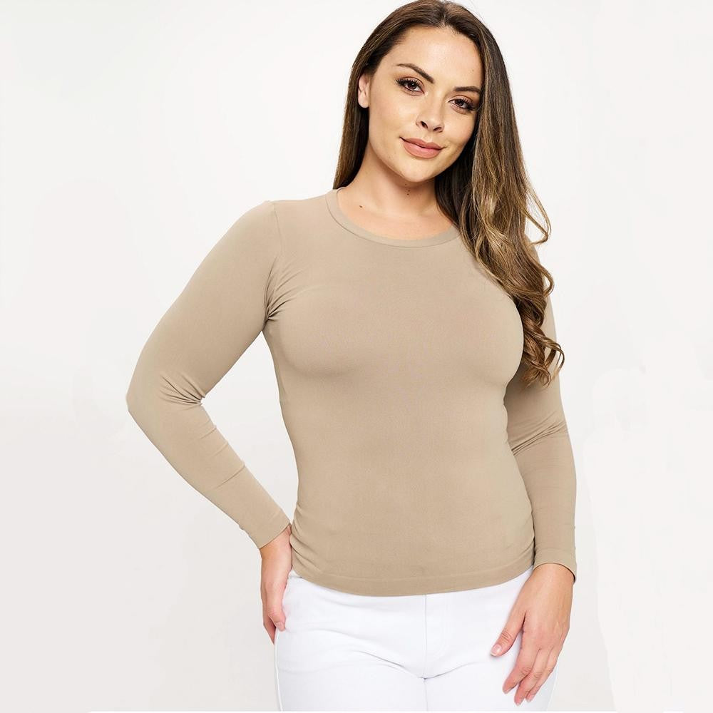 Seamless Round Neck Long Sleeve Top - Light Mocha
