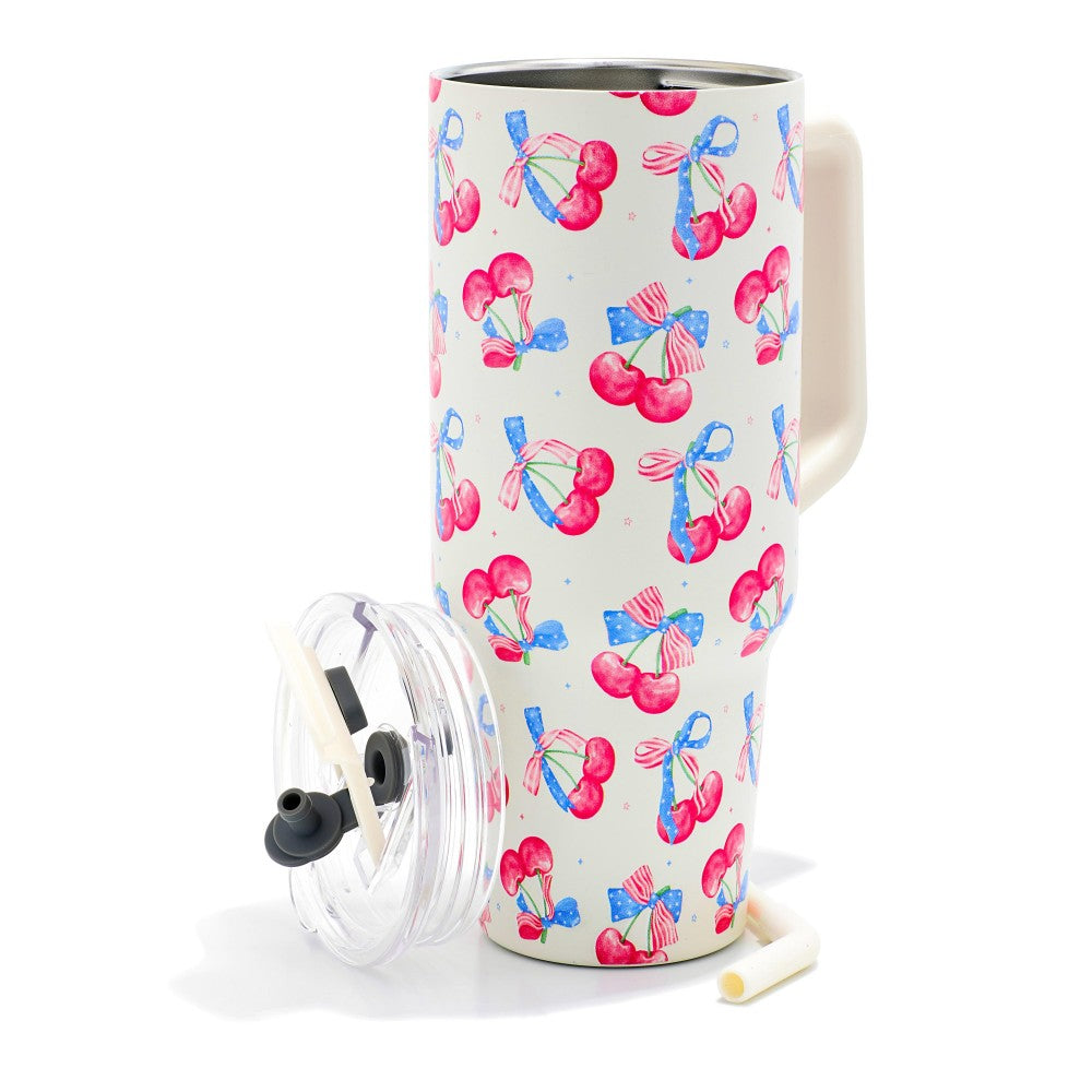 Cherries & Americana Bow Printed 40oz Double Wall Stainless Steel Vacuum Tumbler With Handle