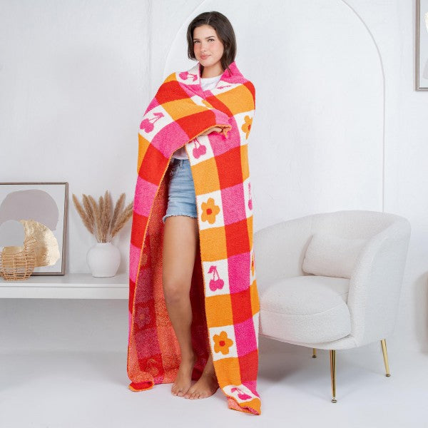 Checkered Flowers & Cherries Blanket