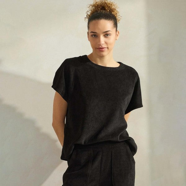 Black Corduroy Short Sleeve Top