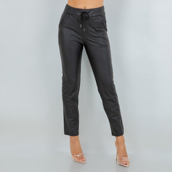 Drawstring High Rise Straight Leg Leather Pants