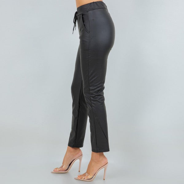 Drawstring High Rise Straight Leg Leather Pants
