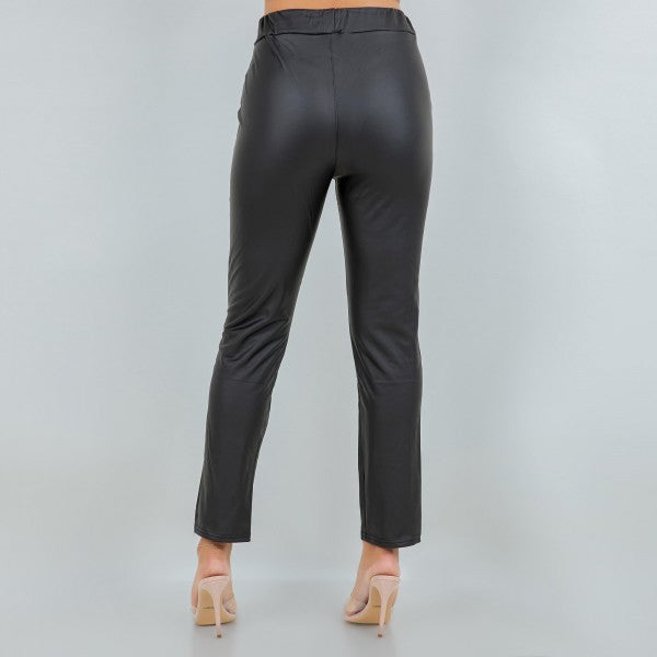 Drawstring High Rise Straight Leg Leather Pants
