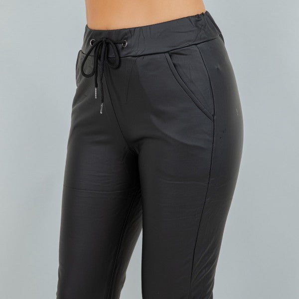 Drawstring High Rise Straight Leg Leather Pants