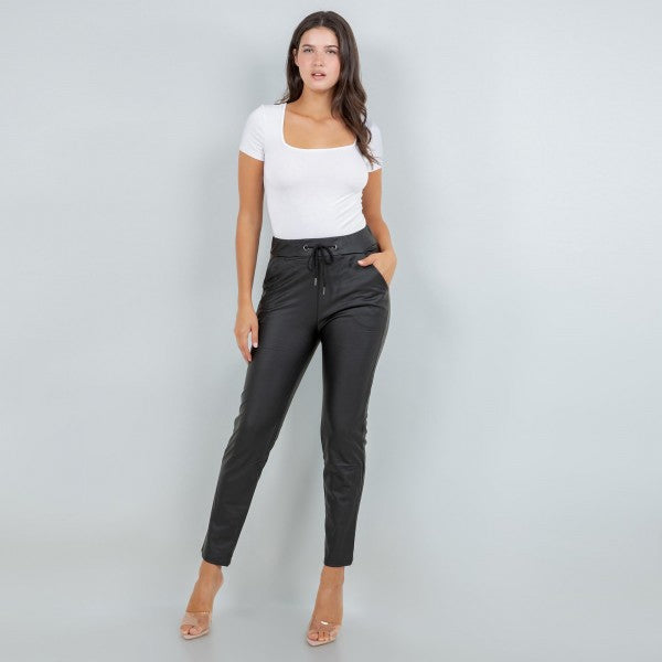 Drawstring High Rise Straight Leg Leather Pants