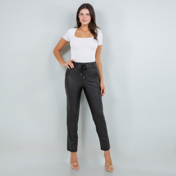 Drawstring High Rise Straight Leg Leather Pants
