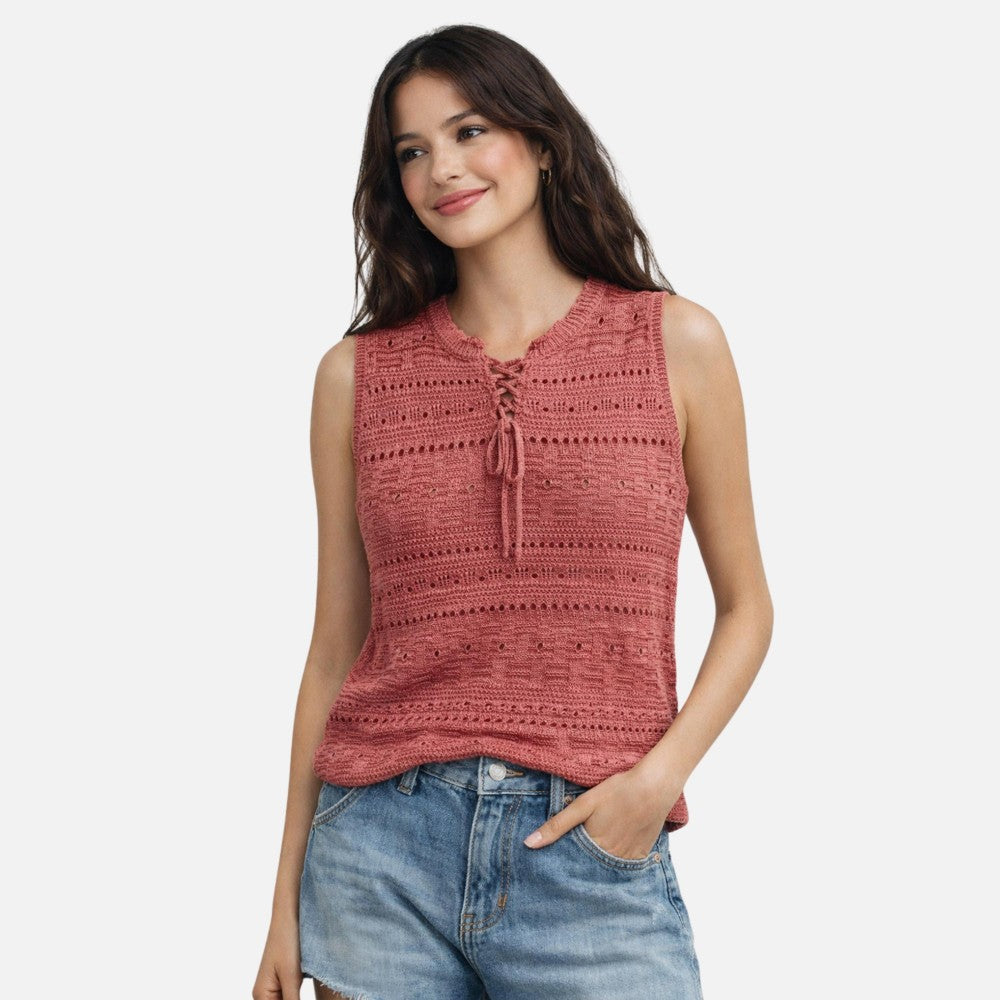 Open Knit Sleeveless Top Coral